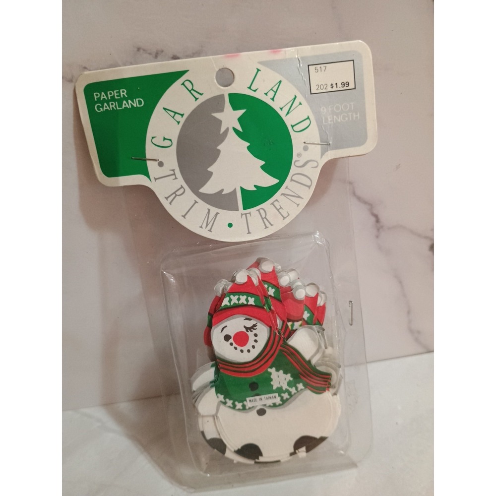Vintage Kraft‎ Paper Snowman Christmas Garland 2-Sided 9' In Original Packaging.